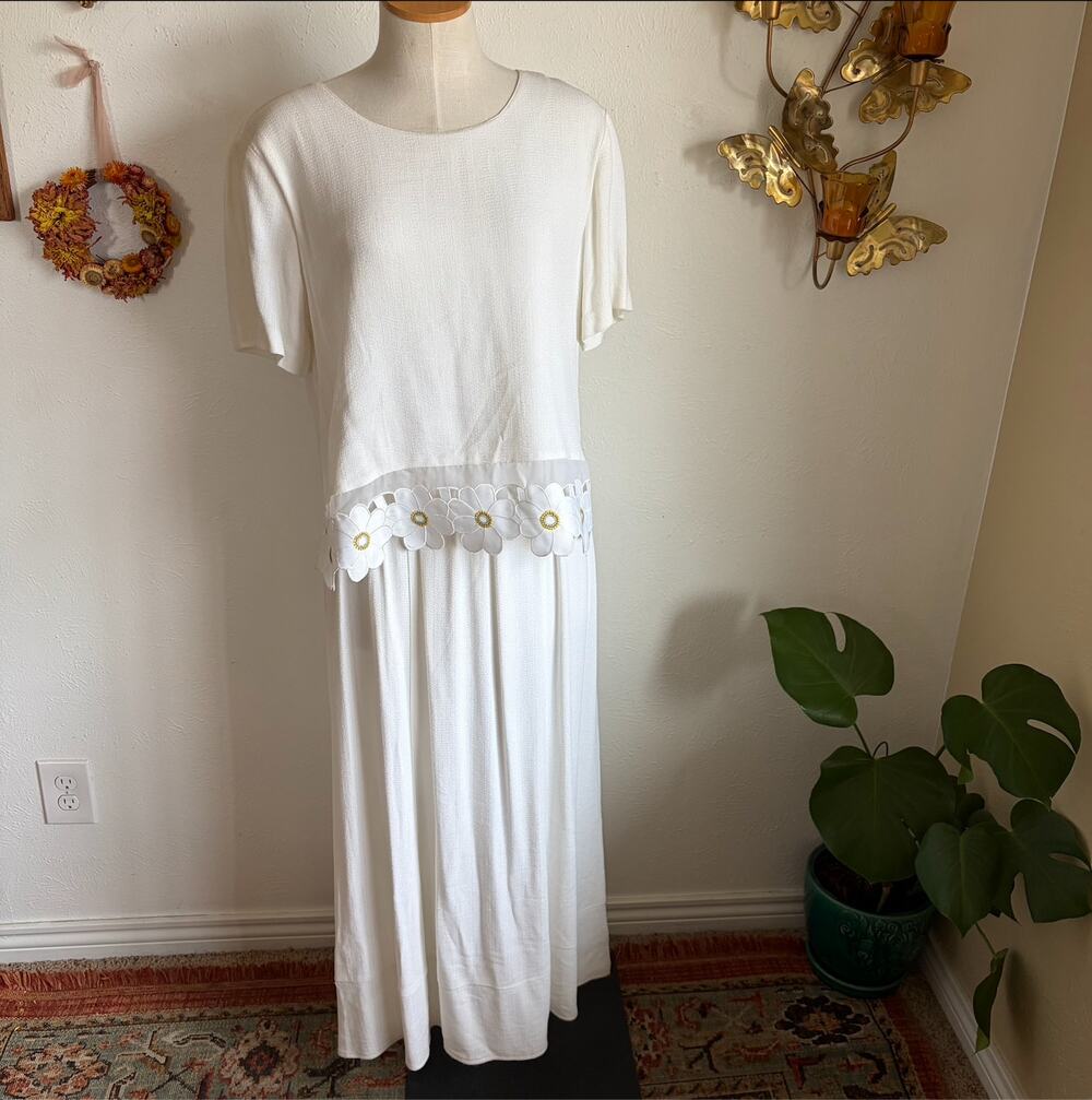 Vintage Floral Trim Maxi Dress size 14 white